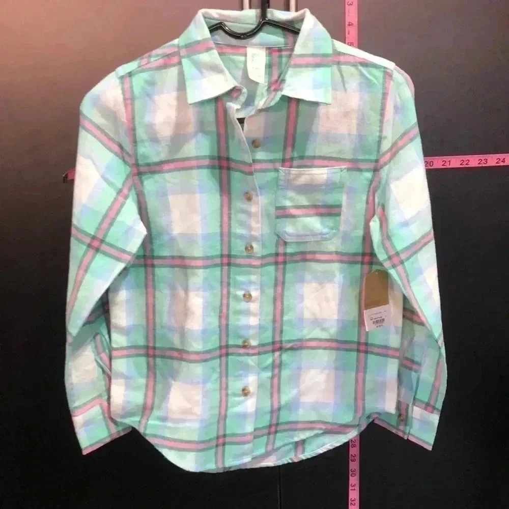 ThereABouts multi-plaid flannel like long sleeve button down top, Mint